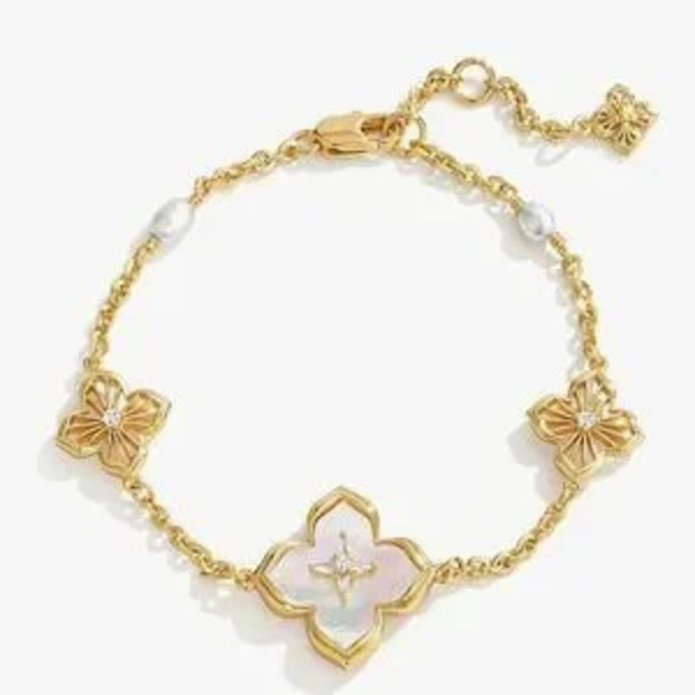 NEW?14K Gold Plated 2 Sided Four Leaf Flower Charm Bracelet